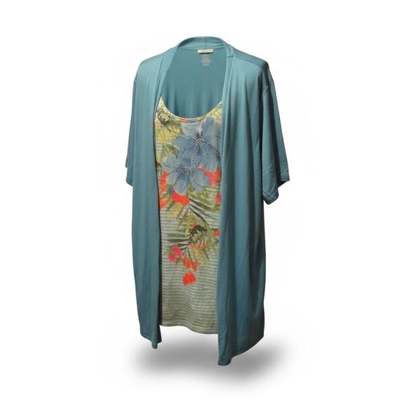 White Stag Floral Tropical T-Shirt Attached Jacket Size 4X 26W 28W Holiday Blue - Picture 2 of 9